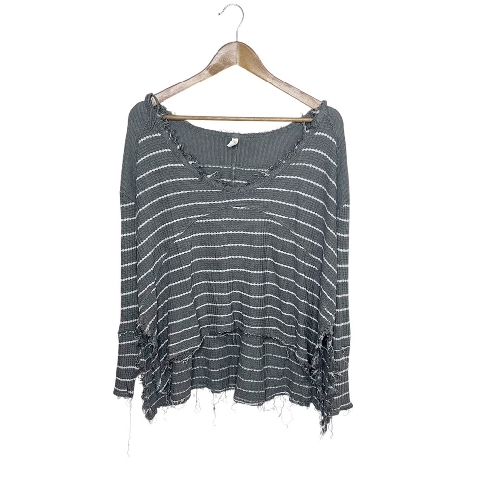 Free People Distressed Green Oversized Striped S Long Sleeve Top Split Hip